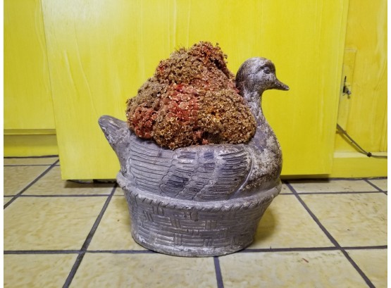 Ceramic Figural Duck Planter With Dried Chrysanthemum