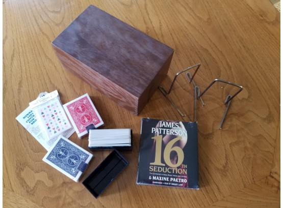 Vintage Wooden Box Full Of Card Games And A James Patterson Audiobook