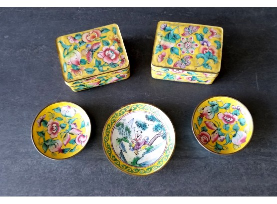 Vintage China Enamel Cloisonne Style Trinket Boxes And Trinket Dishes