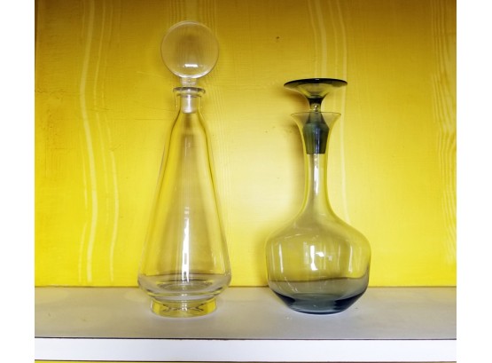 2 Modernist Blown Glass Decanters With Stoppers