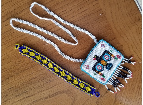 Vintage Southwest Native Style Seed Beaded Necklace And Bracelet