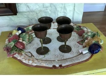 4 Beautiful Vintage Brass And Copper Wine Glasses  With Turkey Plates