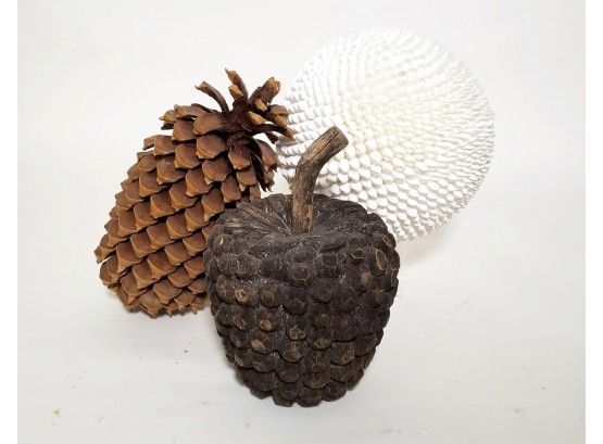 Collection Of 3 Decorative Oversize Pinecone/Nuts Sculpture