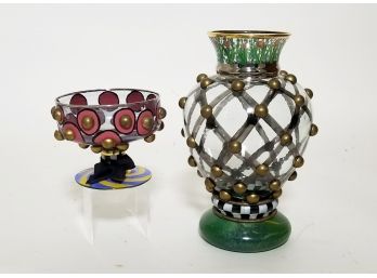 Amazing Rare Mackenzie-Childs Glass 'William' Vase & 'Circus' Footed Compote