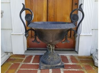 Antique Neoclassical Style Cast Iron Handled Urn Planter On Stand