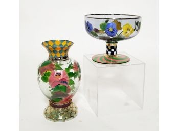Mackenzie-Childs 'Alma' Vase, & 'Pansy'Footed Glass Compote