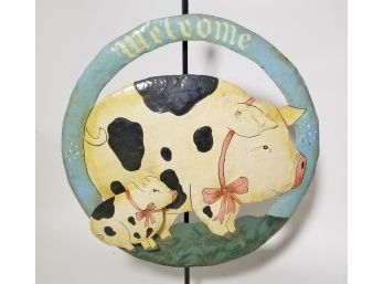 Vintage Adorable Steel Welcome Signed With Handpainted Pigs