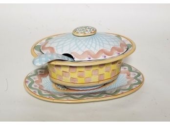 Rare Mackenzie-Childs 'Heather' Lidded Soup Tureen With Ladle & Underplate