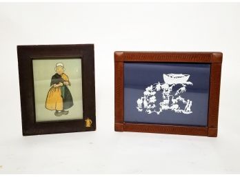 2 Vintage Framed Folk Wall Art, 1 Pastel On Paper, 1 Cut Outs