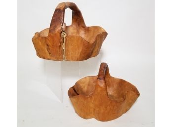 Pair Of Large Organic Form Carved Teak Wooden Baskets (AS IS)