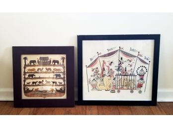 2 Signed Wall Art (The Circus By Roger Crast (?) Ed 11/30 Offset Lithograph, Scherenschnitte By Hinsdale Square, Collage)