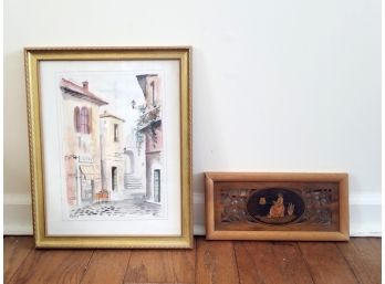2 Framed Wall Art (1 Street Scene Titled 'Roma' Signed Ricci, 1 Folk Carved Wood)