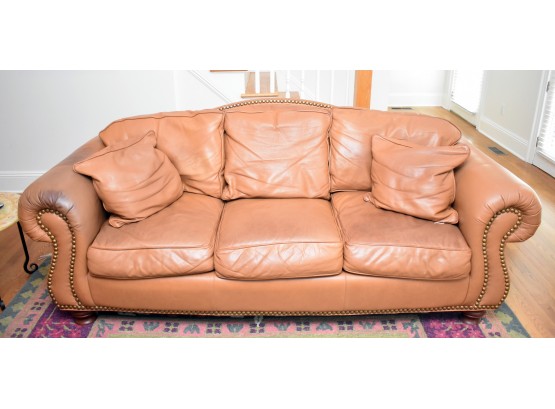 Drexel Heritage Roll Arm Cognac Leather Sofa With Brass Nailhead Trim (Retail $5,000) (2 Of 2) ) √ Early Pickup OK