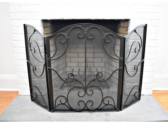 Hand Forged Iron Fireplace Triple Screen, Scrolled