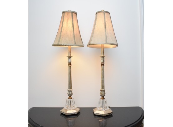 Pair Of Silver Leaf & Crystal Base Lamps, 30' H