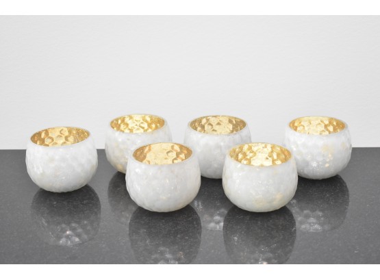 Six Pearlescent Gold Mercury Glass Votive Or Tea Light Cups,  Elegant Hammered Honeycomb Glass Pattern 3.5' Dia