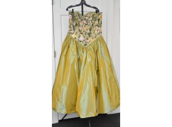 100% Silk Hand-Made Couture Evening Gown, Strapless, Size 16, Chartreuse