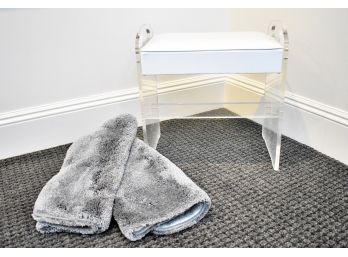 Sturdy Lucite Vanity Bench & Two Bath Mats