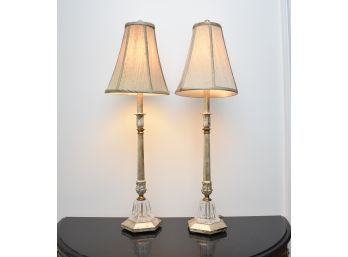 Pair Of Silver Leaf & Crystal Base Lamps, 30' H