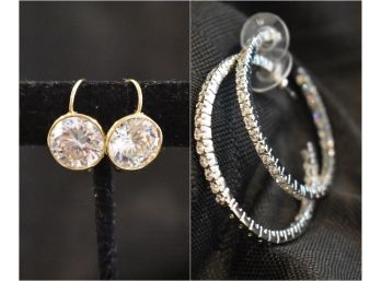 2 Pairs Beautiful CZ Earrings, Inside Out Hoops & Leverback Drop