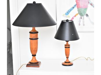 Pair - Turned Two Tone Wood Base Table Lamp, 27' H