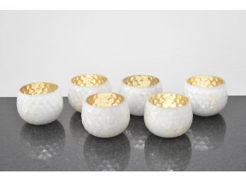 Six Pearlescent Gold Mercury Glass Votive Or Tea Light Cups,  Elegant Hammered Honeycomb Glass Pattern 3.5' Dia