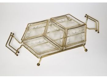 Vintage Mid Century Brass Hexagonal Divided And Handled Serving Trays With 5 Glass Dish