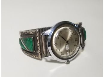 Vintage Timex Automatic Watch W/Sterling Silver & Malachite Inlaid Watch TIps