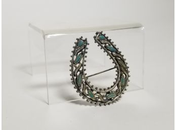 Vintage Southwest Native Style Silver & Turquoise Horseshoe Brooch