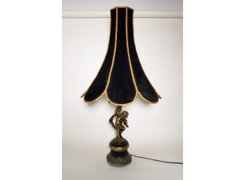 Art Nouveau Antique Bronze Figural Lamp With A Really Long, Fabric Lampshade