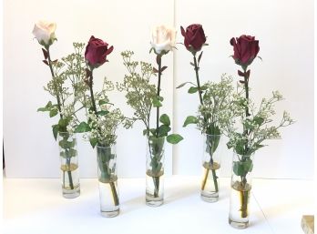 Five Roses In Bud Vases