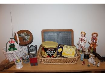 Collection Of Wicker Baskets, Tins, And Ceramic Figurines