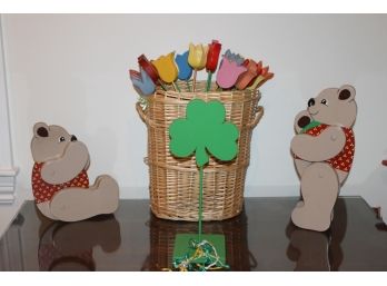 Group Of Hand Made Wooden Decorative Item Including Articulating Bears And Basket Of 20 Wood Tulip's