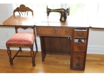 Antique Singer Sewing Machine In Cabinet With Custom Upholstered Desk Chair