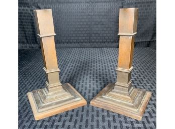 Pair Of Brass Candlesticks On Wood Bases