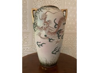 Japanese Ceramic Vase With Double Handles And Raised Dragon