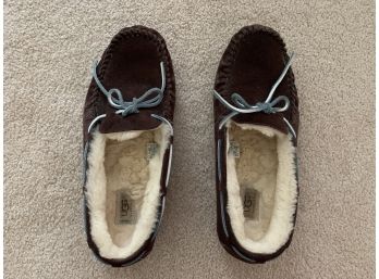 Ugg Brown Leather Moccasin Style Slippers With Shearling Lining, Euro Size 43