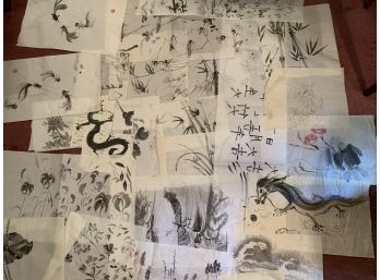 Large Lot (30+) Of Chinese Brush Painting Sketches By Elaine Hawie Chedister