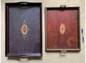 Two Vintage Wood Trays With Decal Medallions