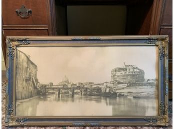 Antique Hand Colored Frame With Print Of Venice, Italy