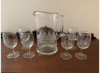 Sailboat Etched Set Of 6 Wine Glasses And Pitcher