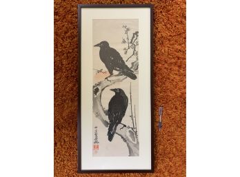 Chinese Brush Painting Depicting Two Ravens, Custom Framed