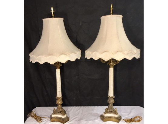 Pair Of Brass Bouillotte Column Style Two Bulb Table Lamps