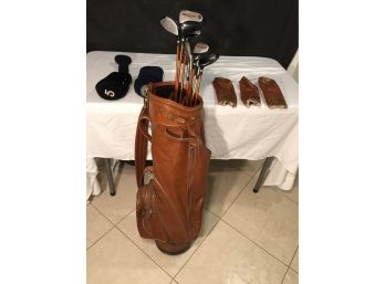 Vintage Titleist Leather Golf Bag With Irons And Metal Drivers