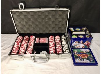 Poker Chips In Metal Travel Case And In Camel Cigarette Advertising Tin Box