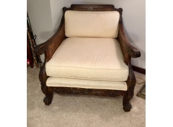 Antique Carved Hardwood And Cane Arm Chair
