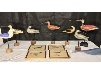 Folk Art Sand Pipers And Four Framed Bird Prints