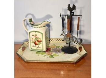 Villeroy And Boch Pitcher With A Vintage Floral Tin Plate And Barware Set