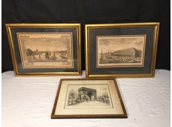 Three Antique Style Gilt Framed Prints And Eight Cardboard Framed Ship Prints