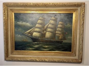 Oil On Canvas Of An American Tall Ship In Full Sail Signed M.Parkey